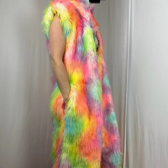 LONG Fur LED Glowing Light Up Coat Burning Man Rave Festival Rainbow Pastel EDC - Picture 6 of 16